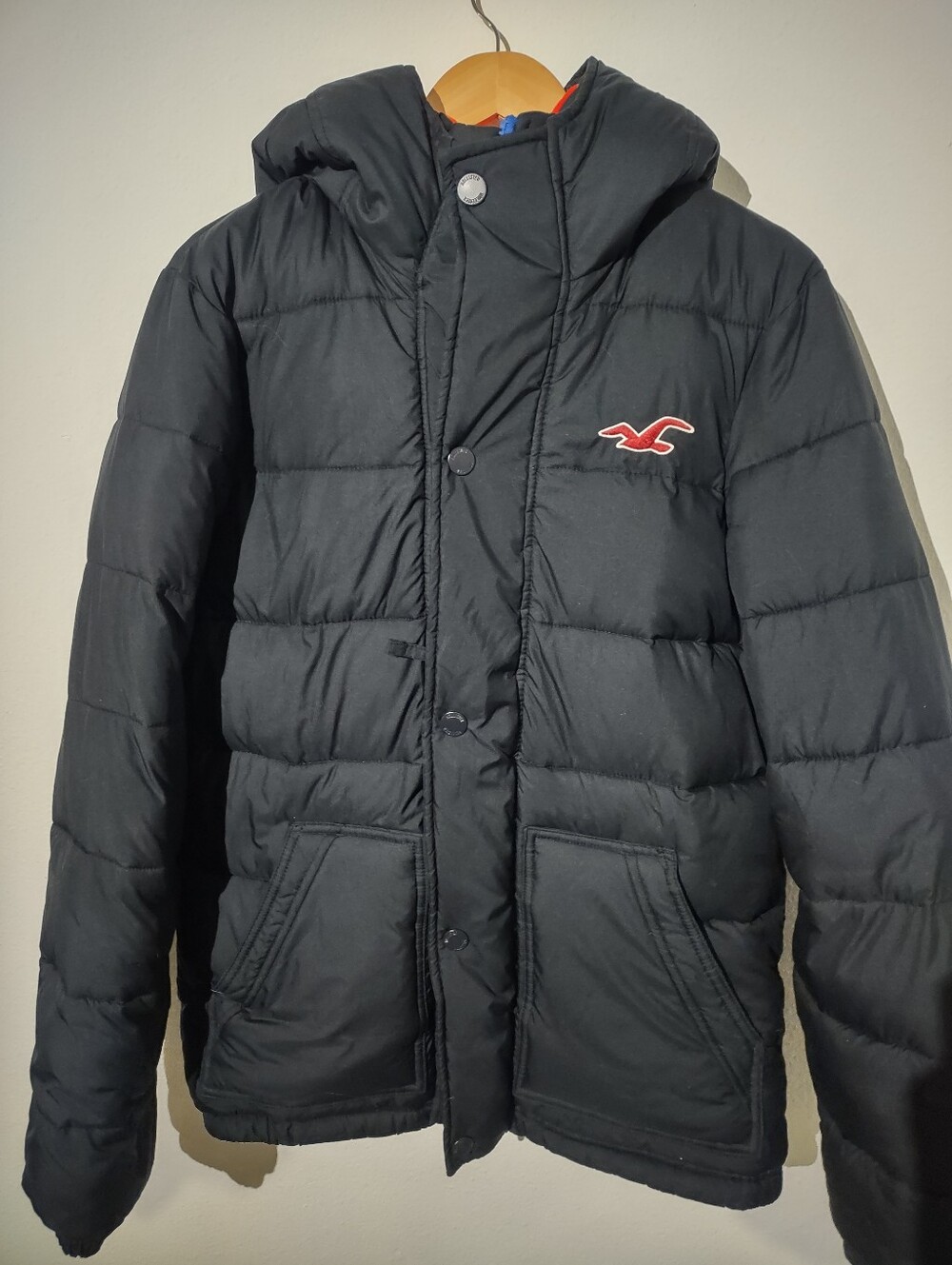 Hollister California Men's L Black Puffer Jacket Full Zip Hooded Winter Coat